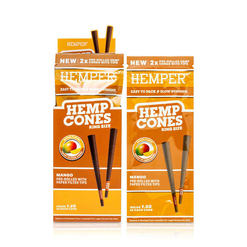 King Size Hemp Cones Mango + Paper Tip 2PK (DISPLAY 12x) - HEMPER