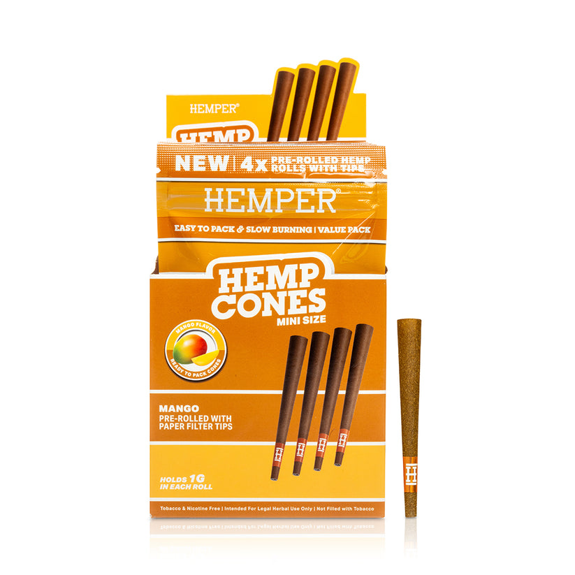 Mini Size Hemp Cones Mango + Paper Tip 4PK (DISPLAY 12x) - HEMPER